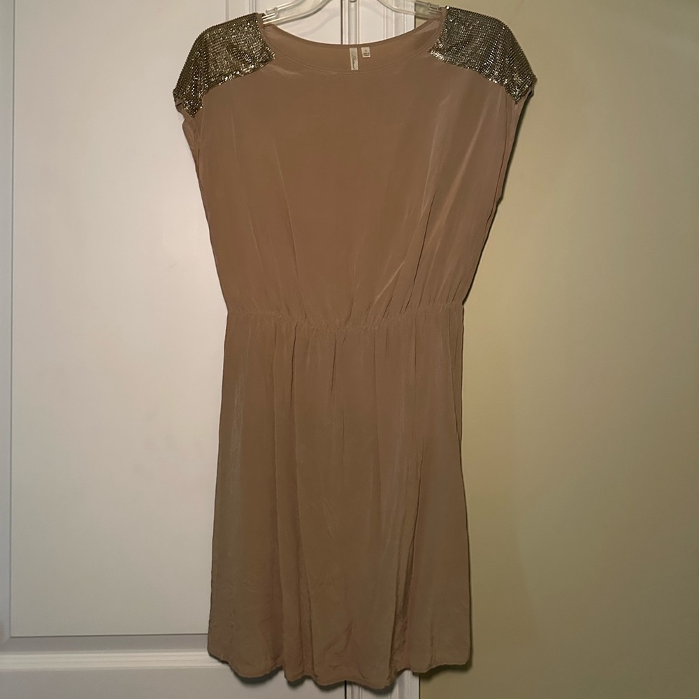 Petticoat Alley Tan Dress with Gold Shoulder Detail